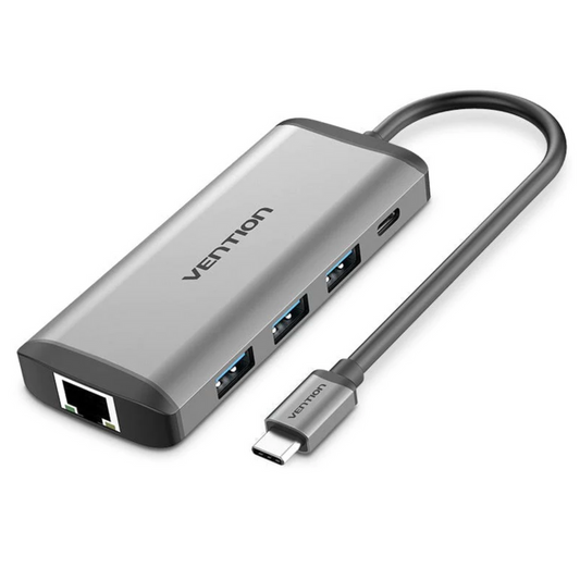 VEN-CNDHB - Vention Type-C to HDMI/USB3.0*3/RJ45/TF/SD/PD Converter 0.15M Gray Metal Type