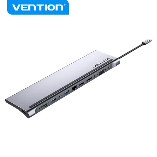 VEN-THSHC - Vention Multi-function USB-C to DP/HDMI/VGA/USB-C Gen 1/USB 3.0x2/USB 2.0/RJ45/SD/TF/TRRS 3.5mm/PD Docking Station 0.25m Gray Metal Type