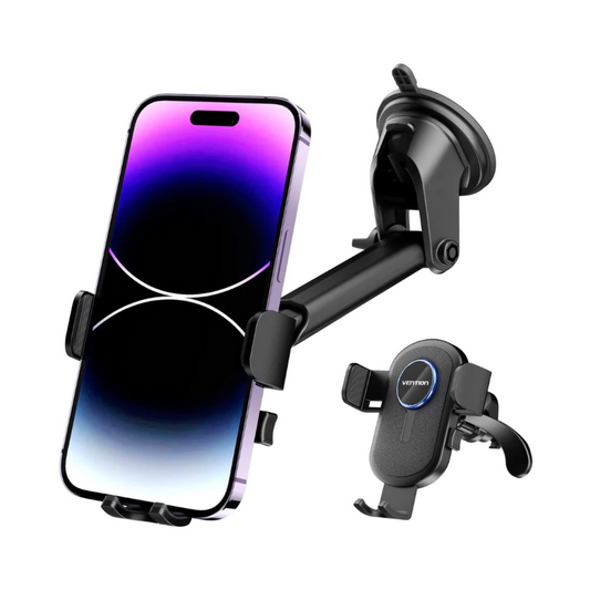 VEN-KCVB0 - Vention One Touch Clamping Car Phone Mount With Suction Cup Black Square Type & Y-Shaped hook style Air vent clip