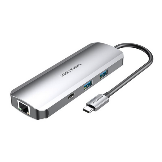 VEN-TOMHB - Vention Multi-function USB-C to HDMI/USB-C Gen 1/USB3.0x2/RJ45/SD/TF/TRRS 3.5mm/PD Docking Station 0.15M Gray Aluminum Alloy Type